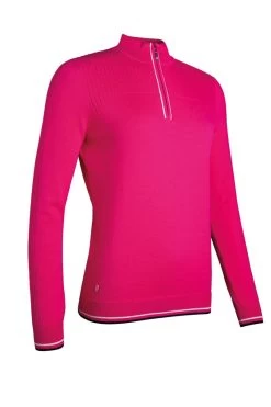 Ladies Zip Neck Rib Detail Cotton Golf Sweater Magenta/White/Navy